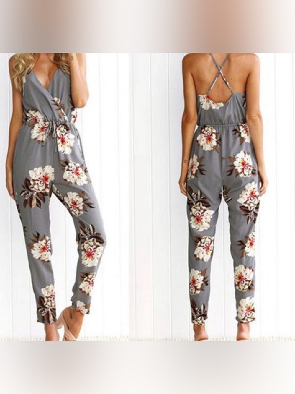 Women's Floral Gray/White V-Neck Sleeveless Spaghetti Strap Stretch Jumpsuit M